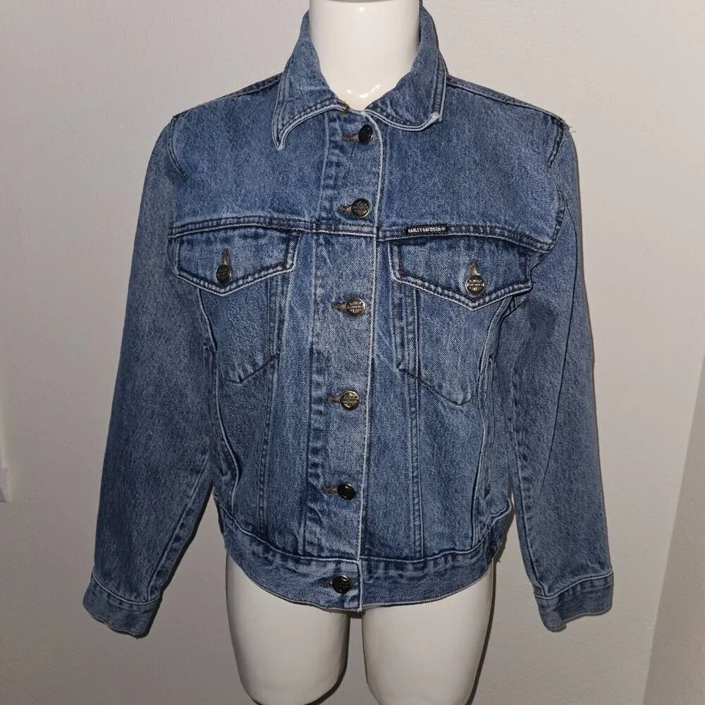 Biker Blues Harley Davidson Cropped Denim Jacket Embroidered Flags Ladies Small - Picture 2 of 14